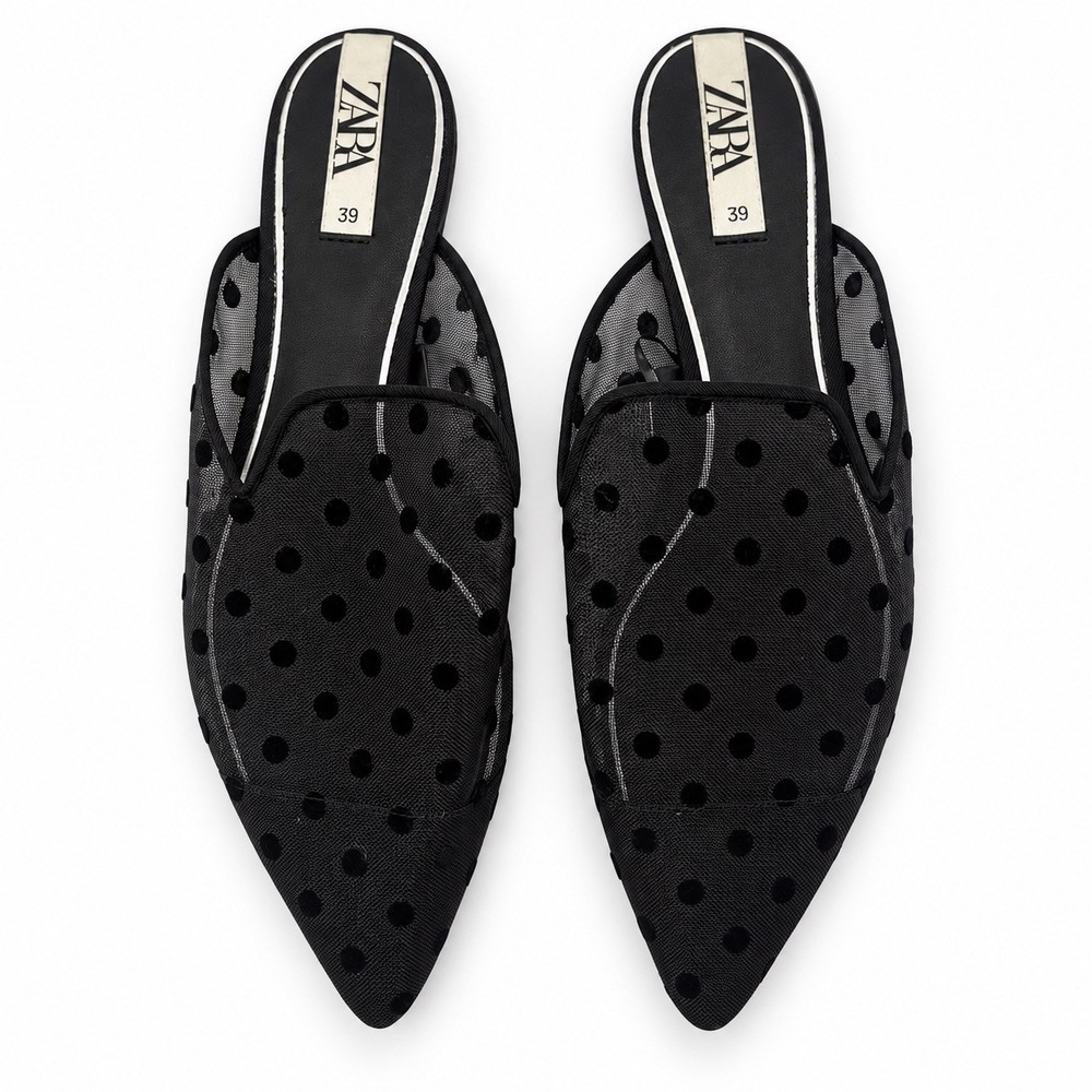 Zara Black Sheer Polka Dot Mesh Flat Mules Size 39 = US 8